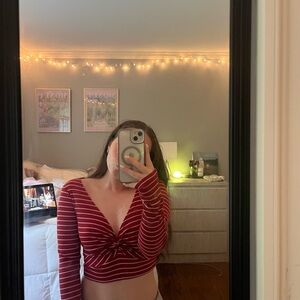 Burgundy and white striped long sleeve top with twist detail #stripes